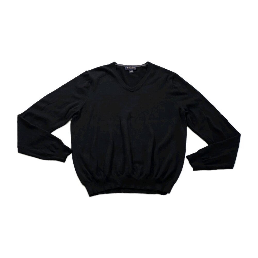 Brooks Brothers Merino Wool Blend Sweater Mens L Black V Neck LS Office Cottage